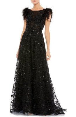 Mac Duggal Embellished Feather Cap Sleeve Bateau A Line Gown Women's 12 Black